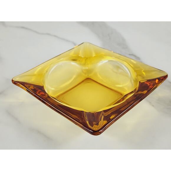 Mid Century Ashtray Square Amber Glass 4 3/4" Yellow Glass Art 70's Home Decor - Picture 4 of 10